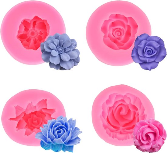 Sander Shop Siliconen vorm bloemen, 4 stuks 3D-siliconen vormen, roos, bloemen, kaarsen, vormen, siliconen voor chocolade, snoep, taartdecoratie, het maken van polymeerklei, siliconen vorm zeep