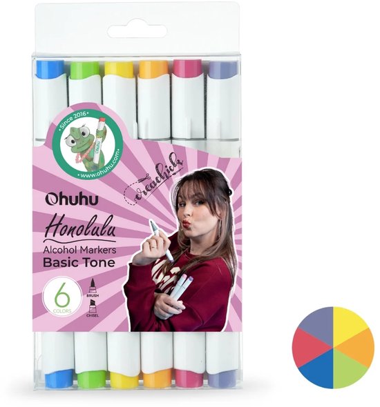 CreaChick X Ohuhu - Honolulu Brush & Chisel - Alcohol Markers - 6 Basic Tone kleuren