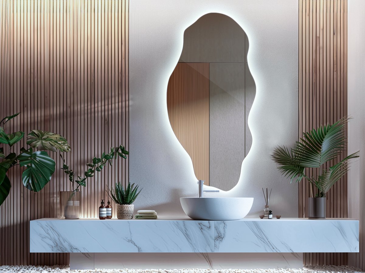 Coloray Asymmetrische Organische Spiegel LED - Grote Organische Spiegel Met Verlichting - 50 cm x 100 cm - Grote Organische Badkamerspiegel LED - Scandinavisch Spiegel - Koel licht - LED Organische Wandspiegel Groot Koel Wit