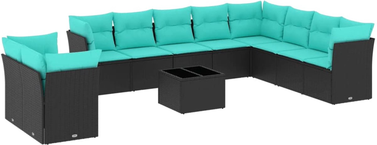 vidaXL - 11-delige - tuinbankset - met - kussens, - zwart - polyrotan