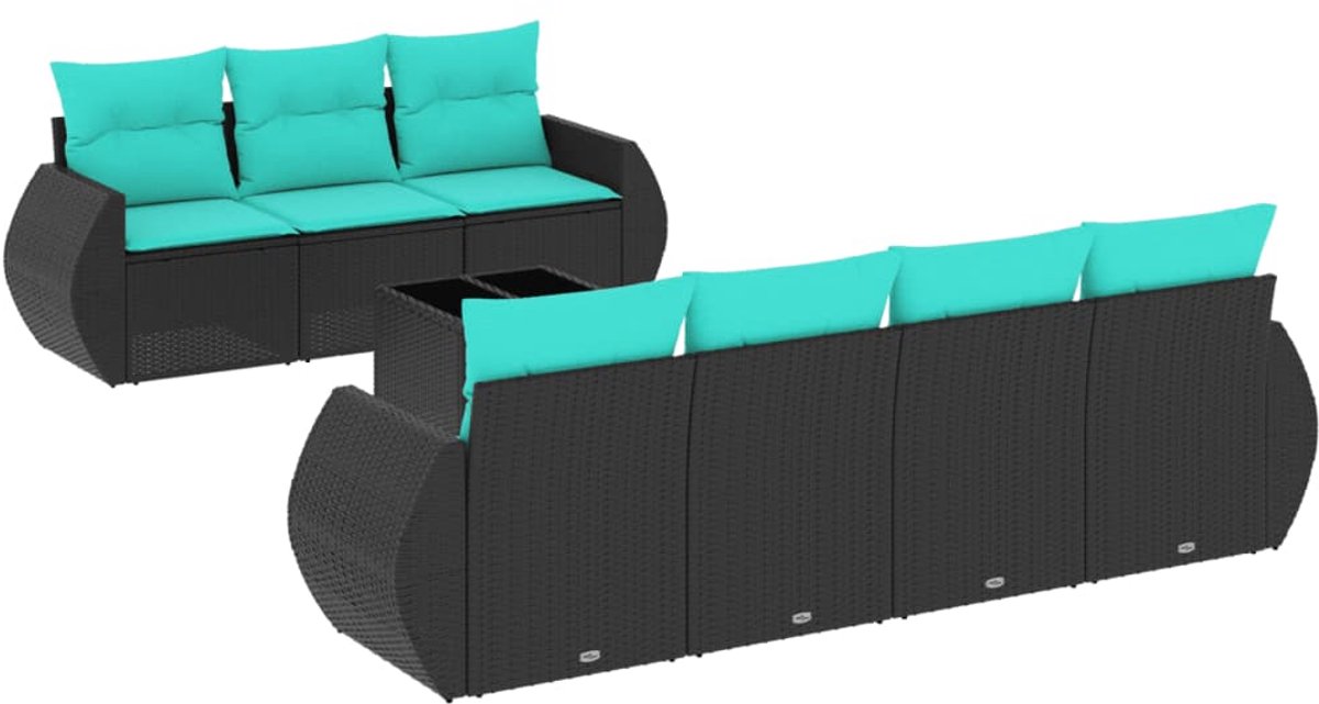 vidaXL - 8-delige - tuinbankset - met - kussens, - zwart - polyrotan