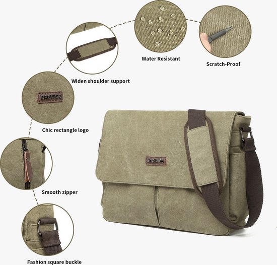 Bagwise® - Sac Bandoulière - Besace - Toile - Vintage -avec épaulette - 1305- Vert