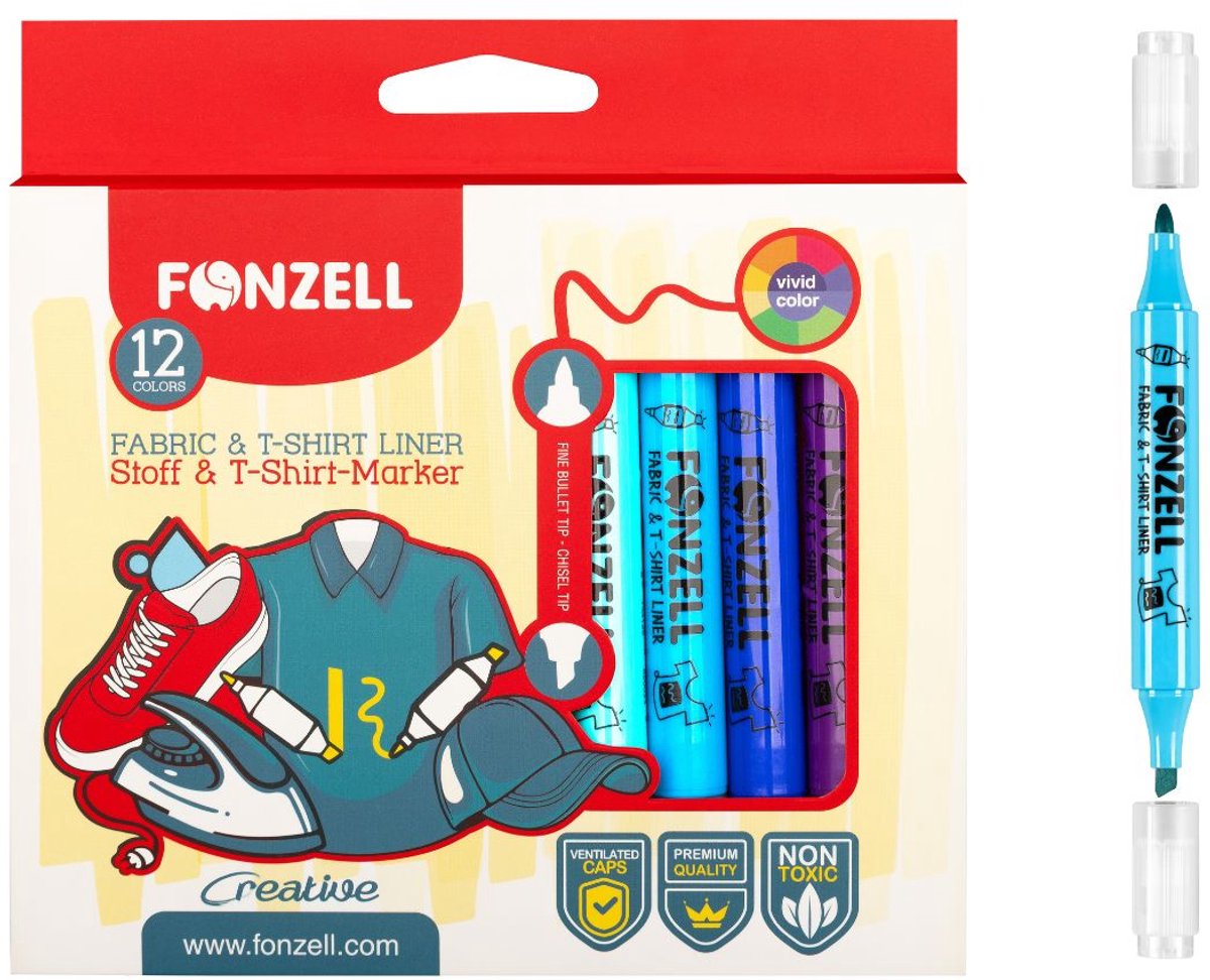 Fonzell Stof & T-Shirt Marker - Textielstiften - Textielmarkers - Stiften - Twinmarkers - 12 Stuks