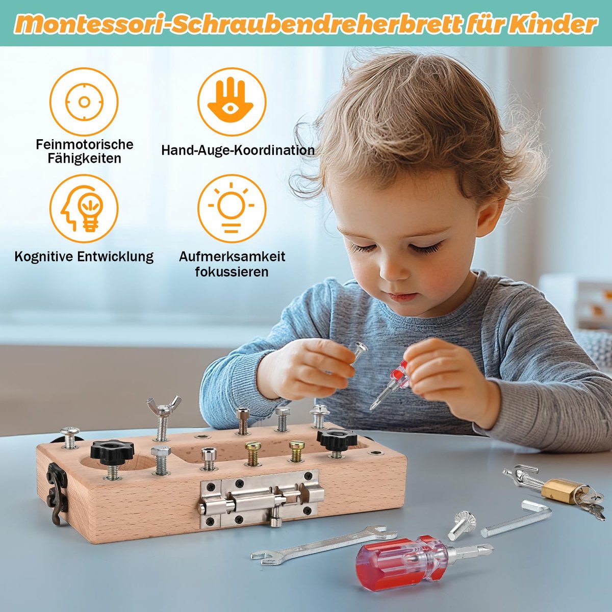 Montessori sloten en sleutels met bamboedienblad