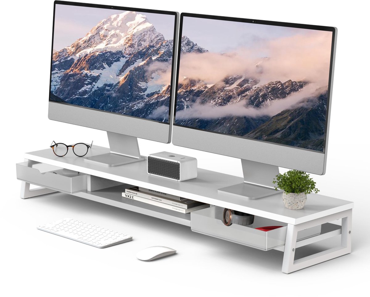 Ibenzoa® Dubbele monitorstandaard met ergonomisch design en opbergladen in wit