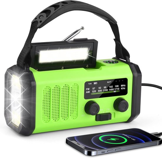 UFUZON Ishiva 10.000 MAh Noodradio – Zonne-energie, Handslinger En USB-C – AM/FM/NOAA – Zaklamp, Leeslamp, SOS-alarm, Kompas – Voor Survival En Kamperen