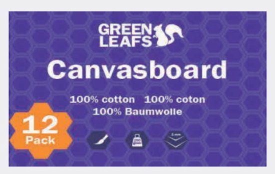 Verpakking van 12 GreenLeafs canvasborden van 100% katoen.