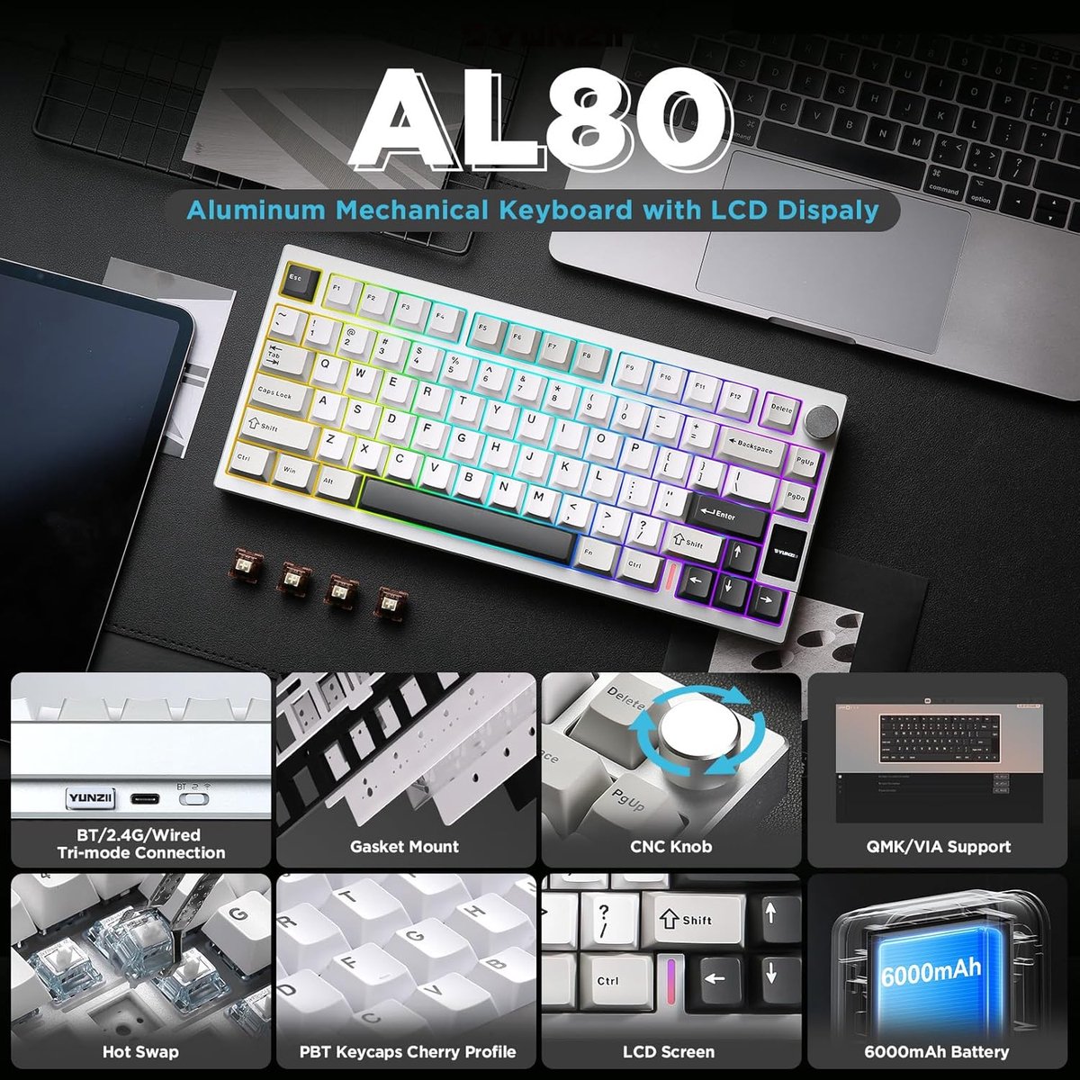Yunzii AL80 - Zilver - Aluminium Mechanisch Draadloos Toetsenbord - 75% - Qwerty - Gaming Keyboard - RGB Lichten - Cacao Cream V2 Switch thumbnail 6