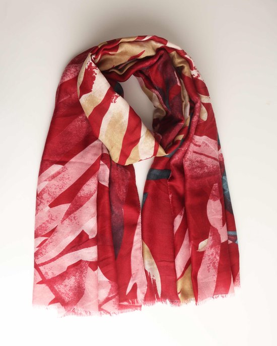 Ilma Scarf – Lange dames sjaal – Herfst/Winter – Katoen – Gestreept met bladprint – Cosy Chic – Warme shawl – Trendy accessoire – Perfect cadeau - Rood roze