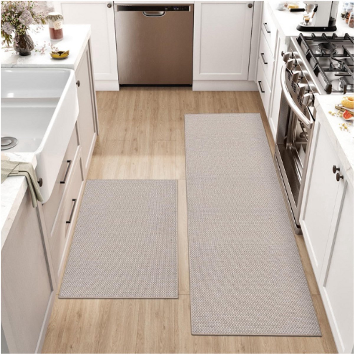 Thuys – Keukenmatten Set Van 2 – Antislip En Wasbare Keukentapijten – Lange Loopmatten Voor Keuken, Hal, Eetkamer En Ingang – Beige – 43.5 x 75cm + 43.5 x 150cm