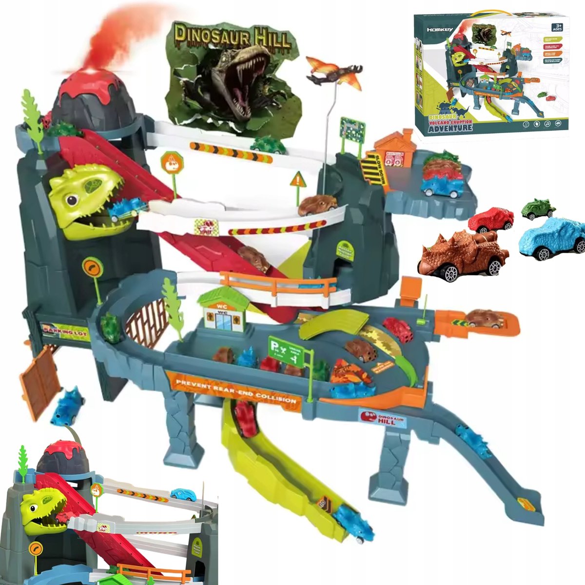 Dino-vulkaanracebaan met auto's en lift - urenlang plezier!