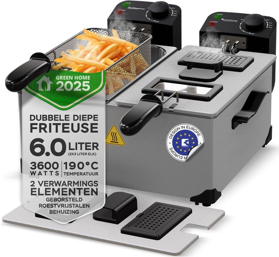 Turbotronic DF-2 Duo - Dubbele frituurpan - 2x 3 Liter - Koude zone - Zilver