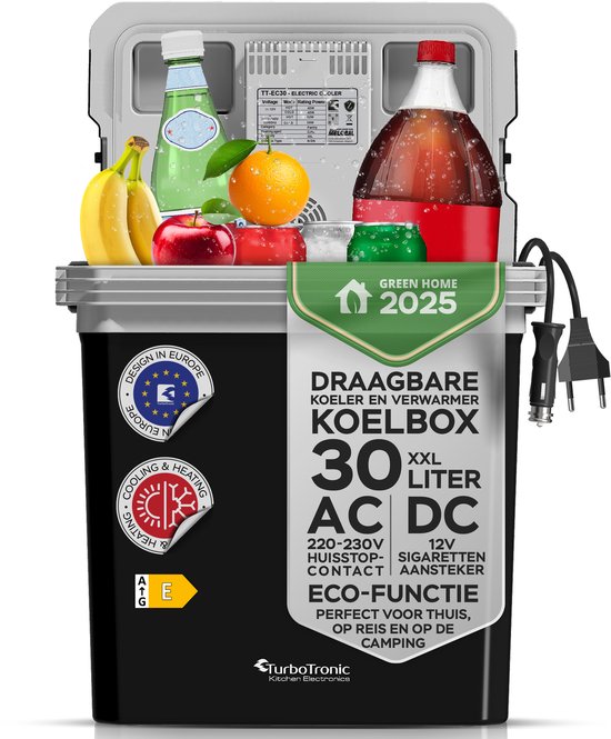 TurboTronic EC30 Elektrische Koelbox voor Auto en Camping – Koelbox Elektrisch met Verwarmingsfunctie - 12v 230 Volt – 30L - Zwart
