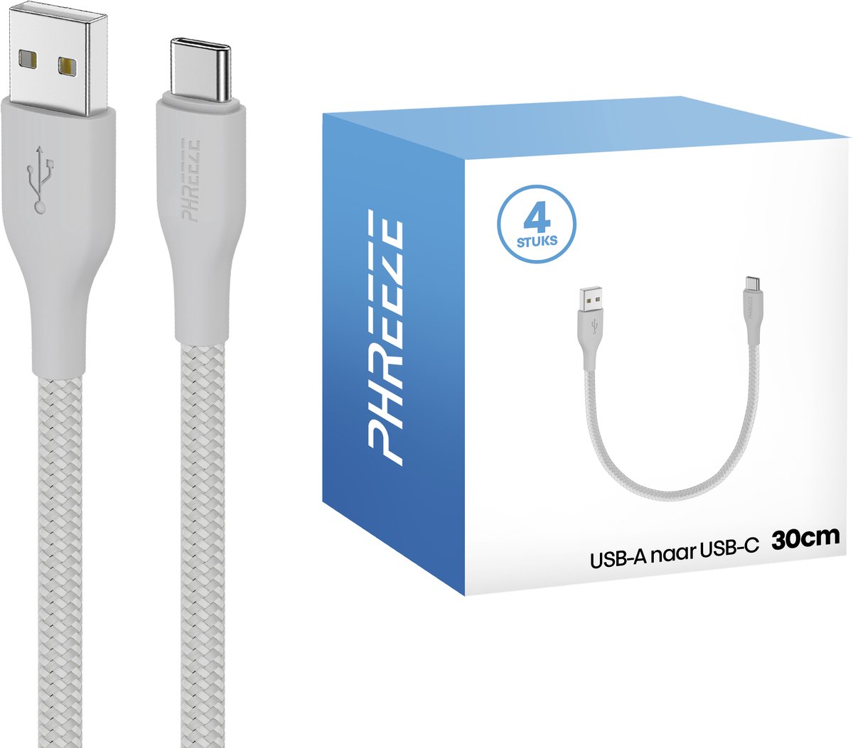 Usb A naar C kabels - 4 pack - Kort, stevig, nylon - Opladen & data - Usb C kabels - Phreeze