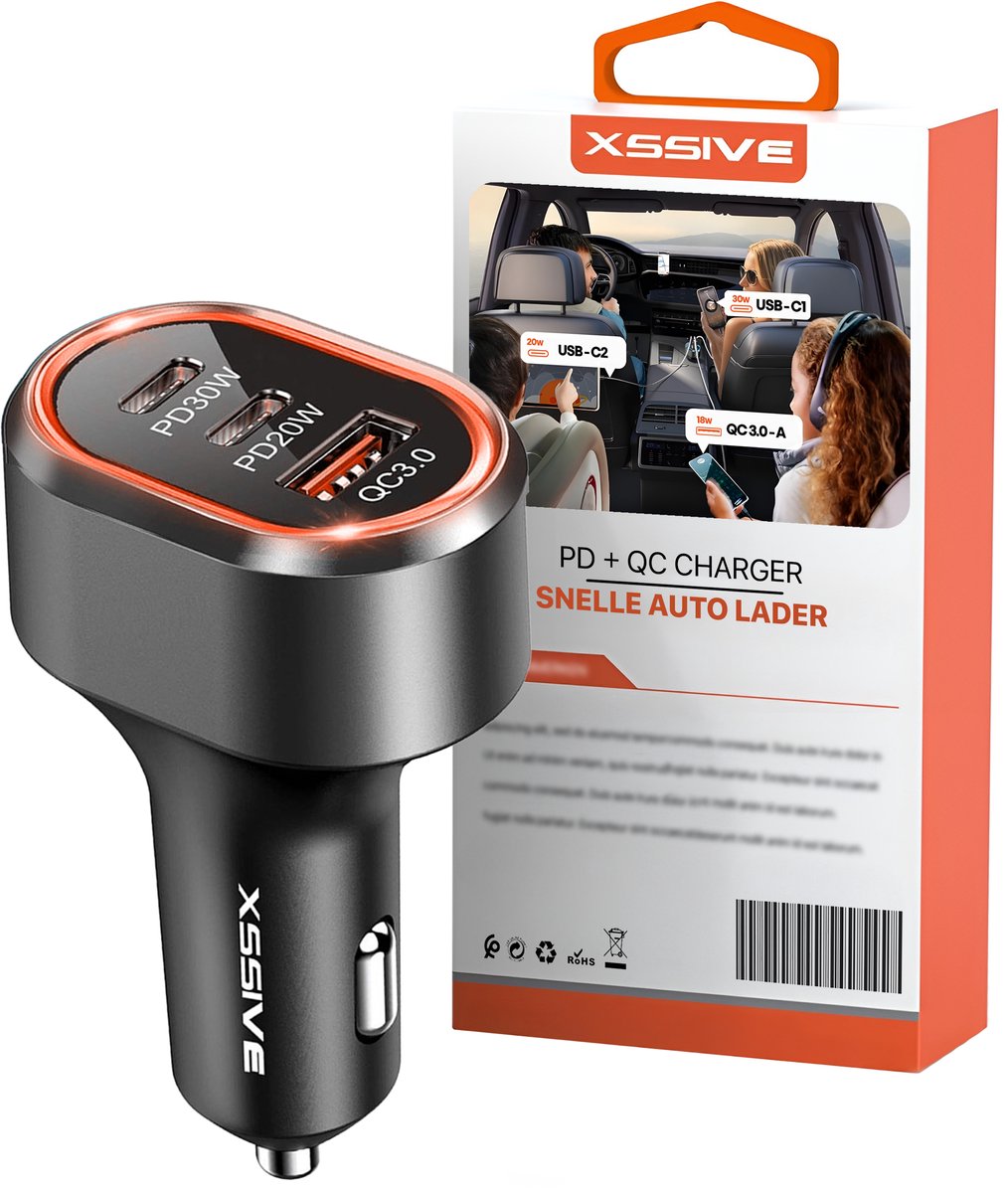 Xssive - Autolader 50W - 3 Poorten Snellader met Dubbele USB-C (30W PD) - Auto Oplader 12V/24V - USB Lader Auto