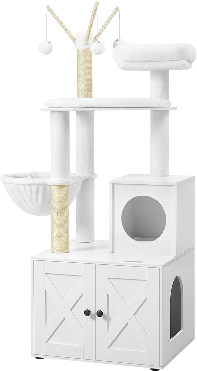 Kattenboom met Kattenbak 151 cm – Luxe 2-in-1 Krabpaal met Verborgen Kattenbak, Ligplekken & Krabpalen – Stabiel, Modern & Compact Kattenmeubel in Cloud White – Industrialhome