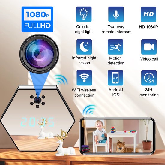 Draadloze binnenhuiscamera met HD nachtzicht - wifi beveiligingscamera voor mobiel, extern netwerk, live bewaking, baby- en huisdiermonitoring van Merkloos — afbeelding 2
