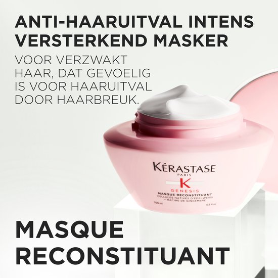 Lichtroze Kérastase Genesis pot met masker, deksel deels open met zichtbare witte crème. "Anti-haaruitval intens versterkend masker".