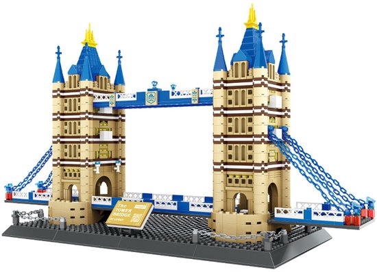 Model van de Tower Bridge, beige met blauwe torens en een zwart platform.