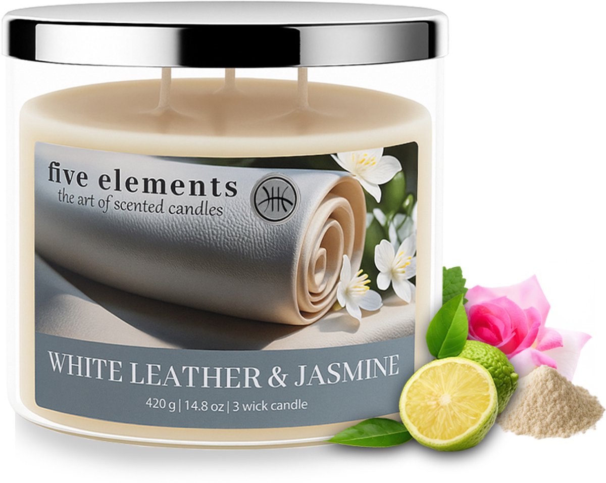Geurkaars Five Elements White Leather & Jasmine, 420 g, 3 lonten