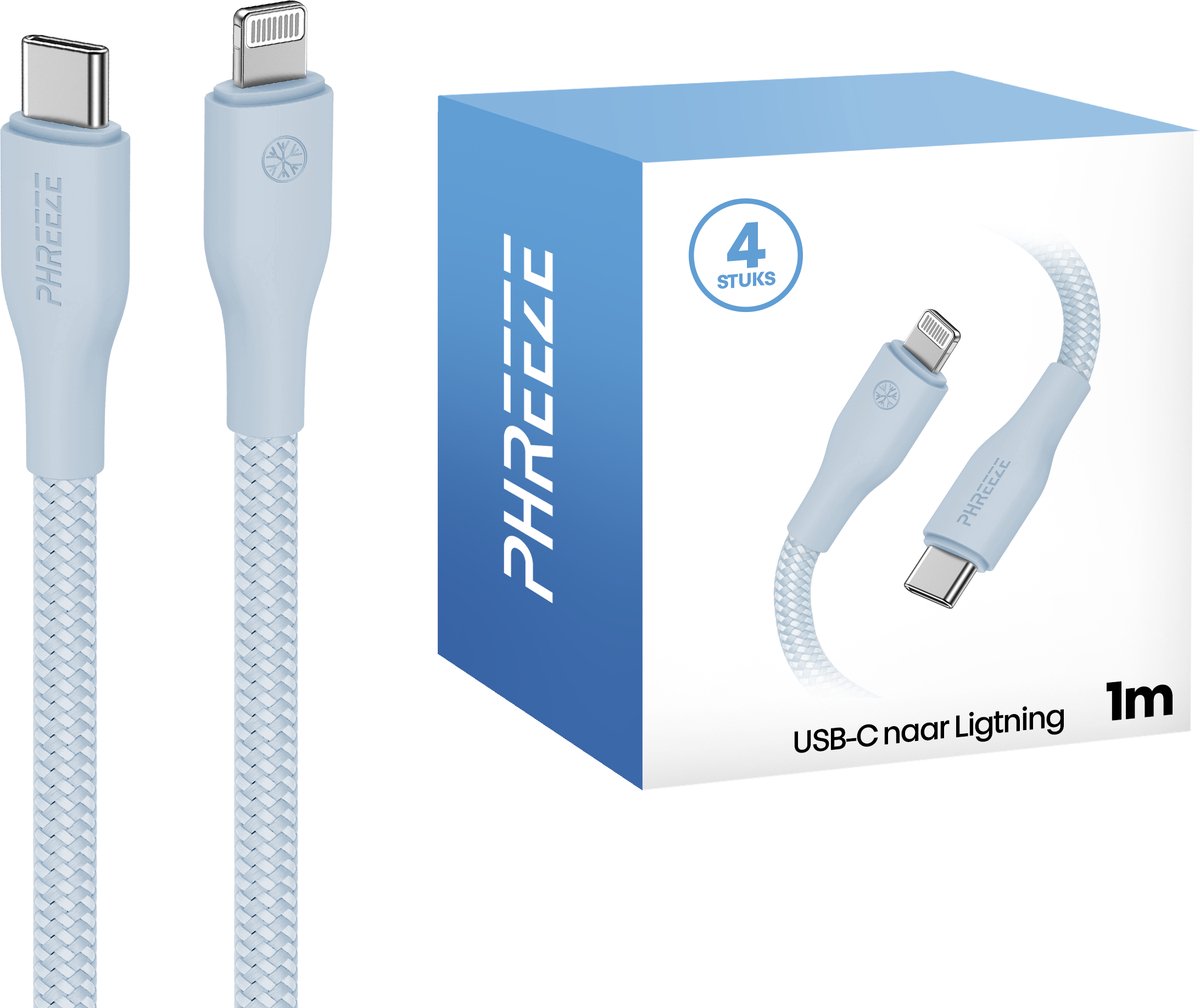 Blauwe oplaadkabel geschikt voor Lightning naar usb kabel - 4 stuks - Phreeze