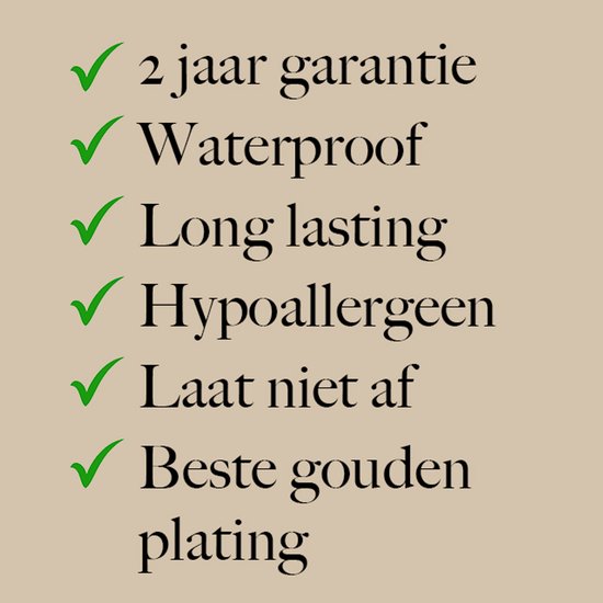 Lijst met voordelen: 2 jaar garantie, waterdicht, langdurig, hypoallergeen, laat niet af, beste gouden plating.