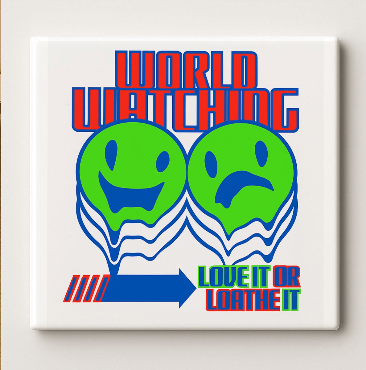 Vrolijke “World Watching” Quote Tegel – Trendy Smiley Kunstdecoratie | 15×15 cm Keramische