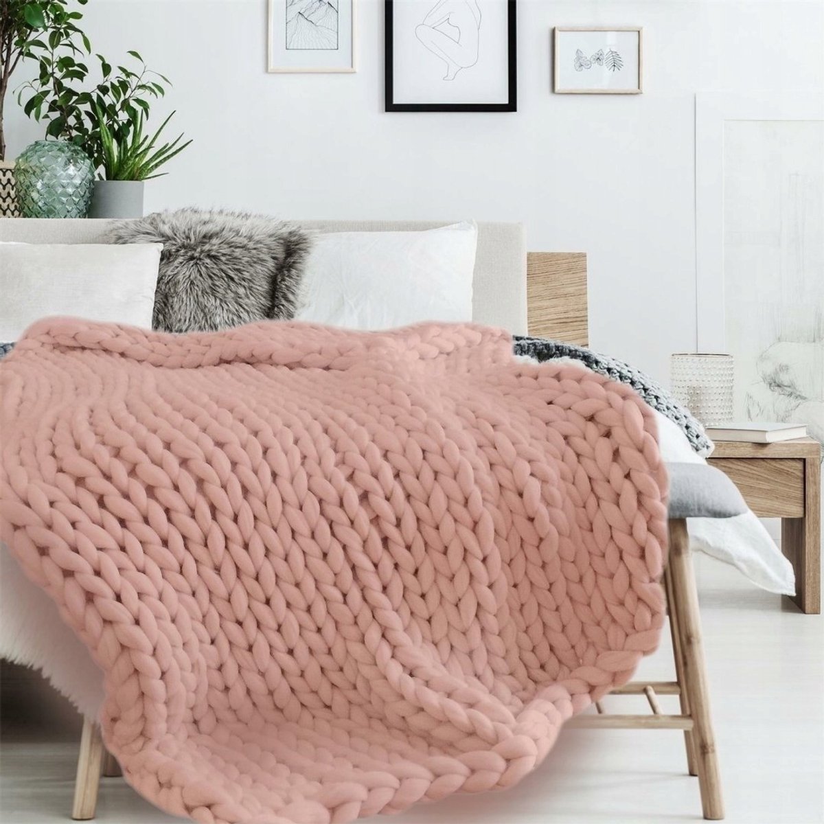 Chunky Roze Gebreide Plaid - Zacht & Sfeervol