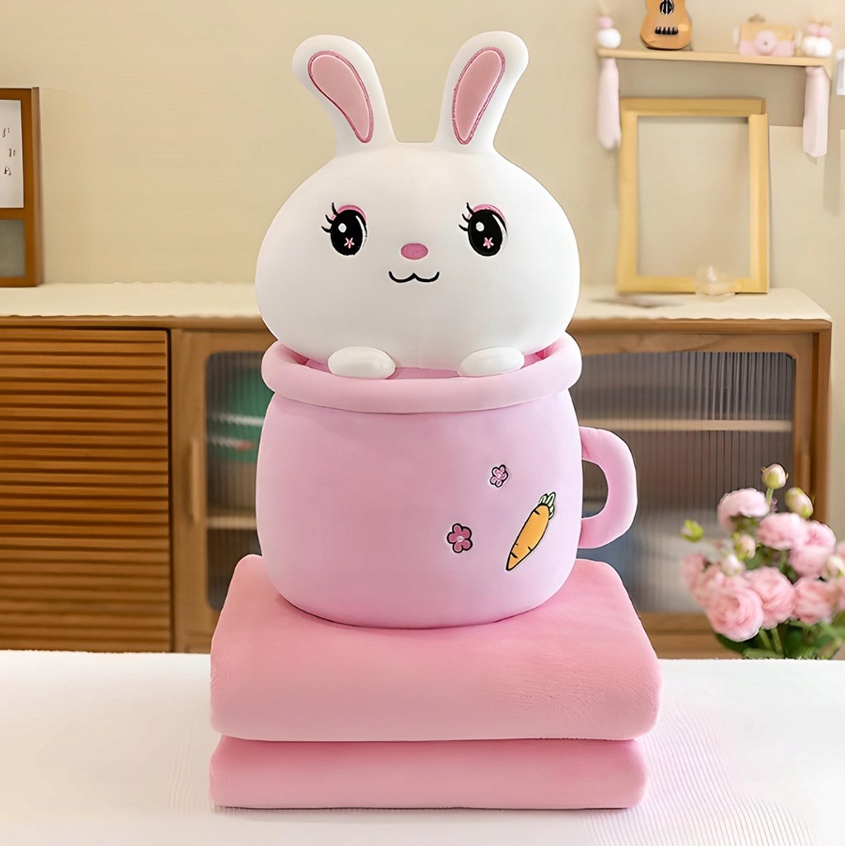 Knuffel Konijn met Dekentje in Mok - 3-in-1 Pluche Speelgoed