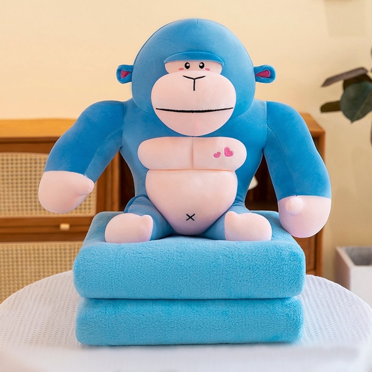 Blauwe Gorilla Knuffel met Dekentje 3-in-1 - Safari Stijl
