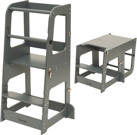 Bouchelle® Leertoren Montessori – Opvouwbare Keukentoren & Opstapje – Kinderkeukenhulp – Grijs Hout