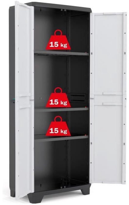 Open grijze kast met zwarte binnenkant en drie legplanken met elk '15 kg' erop.