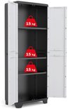 Open grijze kast met zwarte binnenkant en drie legplanken met elk '15 kg' erop.