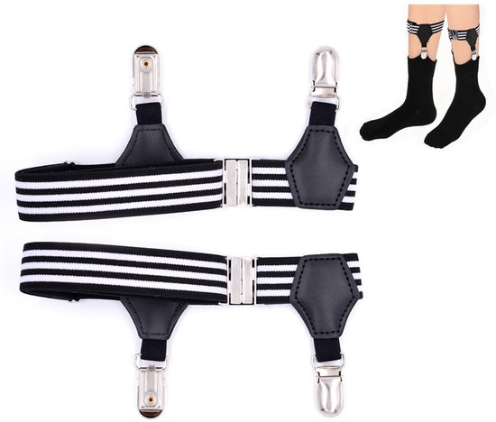 1 paire de pinces à jarretelles antidérapantes pour homme - Porte-jarretelles réglables - Avec double pince antidérapante - Élastique - Convient aux tours de jambe de 28 à 55 cm - Convient aux bas longs - Zwart, Wit