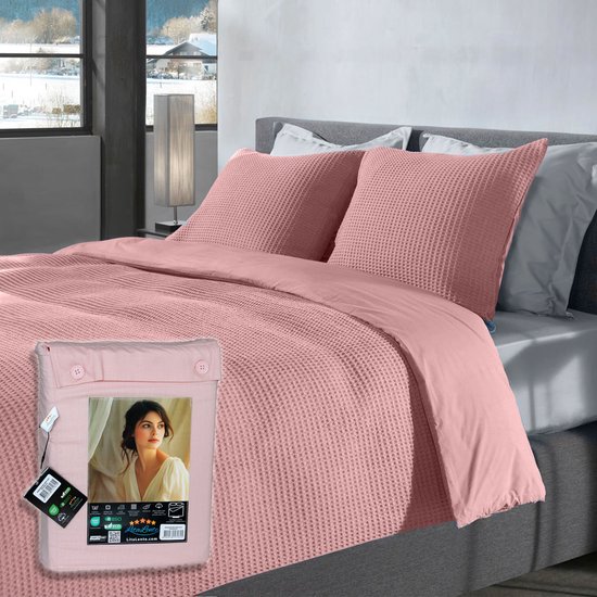 Housse de couette gaufrée – LitaLente Rose – 100 % Katoen – Luxe et respirante – Comprend 2 Taies d'oreiller 60 x 70 cm – Qualité hôtelière – Indéformable et résistante – Convient aux Dekbed de 200 x 220 cm