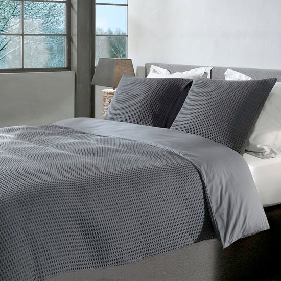 Housse de couette gaufrée – LitaLente Anthracite – 100 % Katoen – Luxe et respirante – Comprend 2 Taies d'oreiller 60 x 70 cm – Qualité hôtelière – Infroissable et résistante – Convient aux Dekbed de 200 x 220 cm
