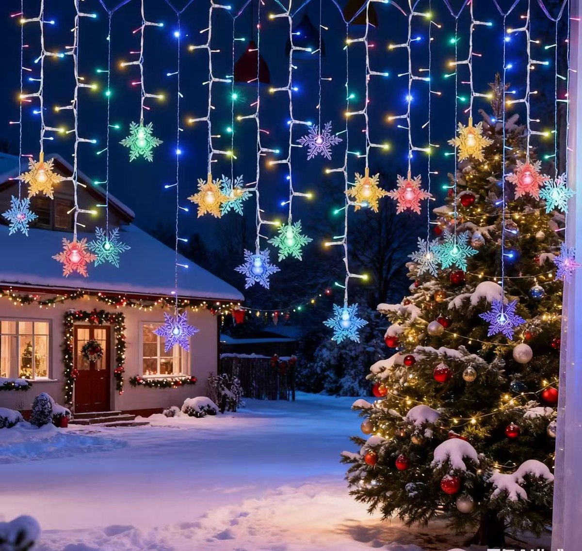 Meedeer Kerst Raamverlichting-4 m-LED String-8 lichtstanden + afstandsbediening-grote maat sneeuwvlokken hangende lichtjes s-woningdecoratie-voor Indoor Party Bruiloft Slaapkamer-Geschikt voor Kerstmis（Gekleurd）