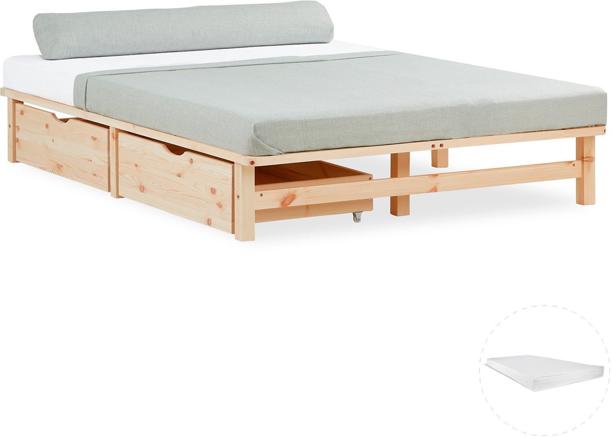 Homestyle4u Palletbed - 140x200 cm - Houten bed - met matras - Bedbak - Natuur