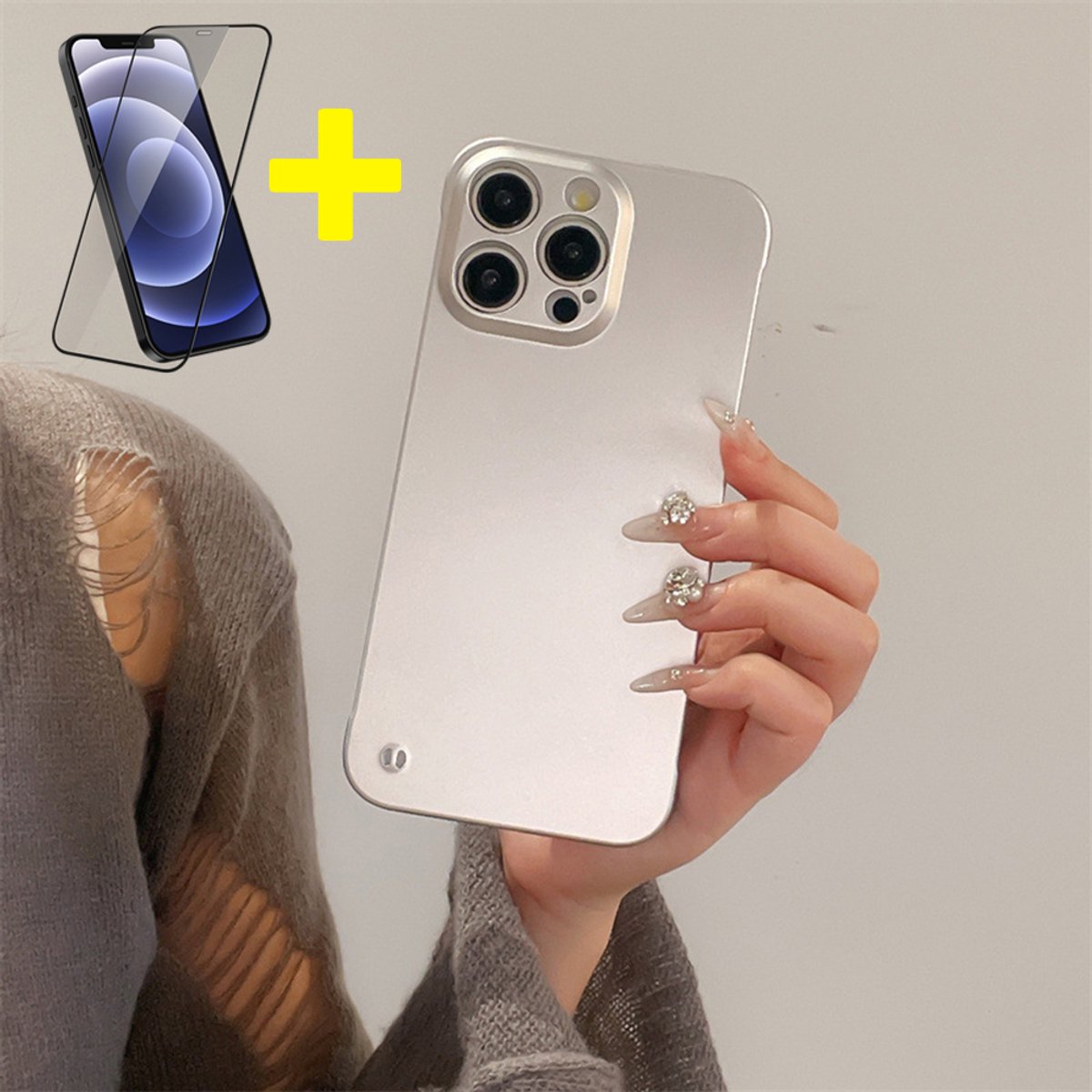 Hoesje voor iPhone 15 Pro, Frameloze Ultradunne Case, Zichtbare zijkanten voor comfort, Hoes PC met Metallic Matte Afwerking, Zilver - Screenprotector