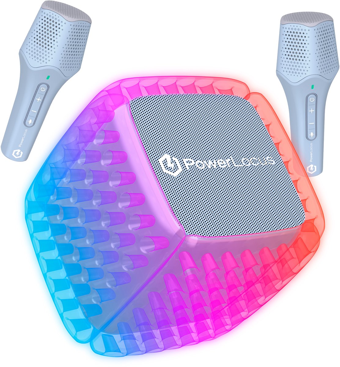 PowerLocus Aero - Draadloze Speaker en Karaokeset voor Kinderen en Volwassenen - Bluetooth Speaker met 2 Draadloze Microfoons - Draagbare - Spatwaterdicht - Micro SD Mode - Licht Blauw