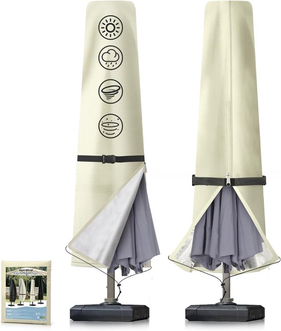 Beige parasolhoes voor staande parasol, met iconen voor zon, regen, wind en vorst. Rits aan de voorkant.