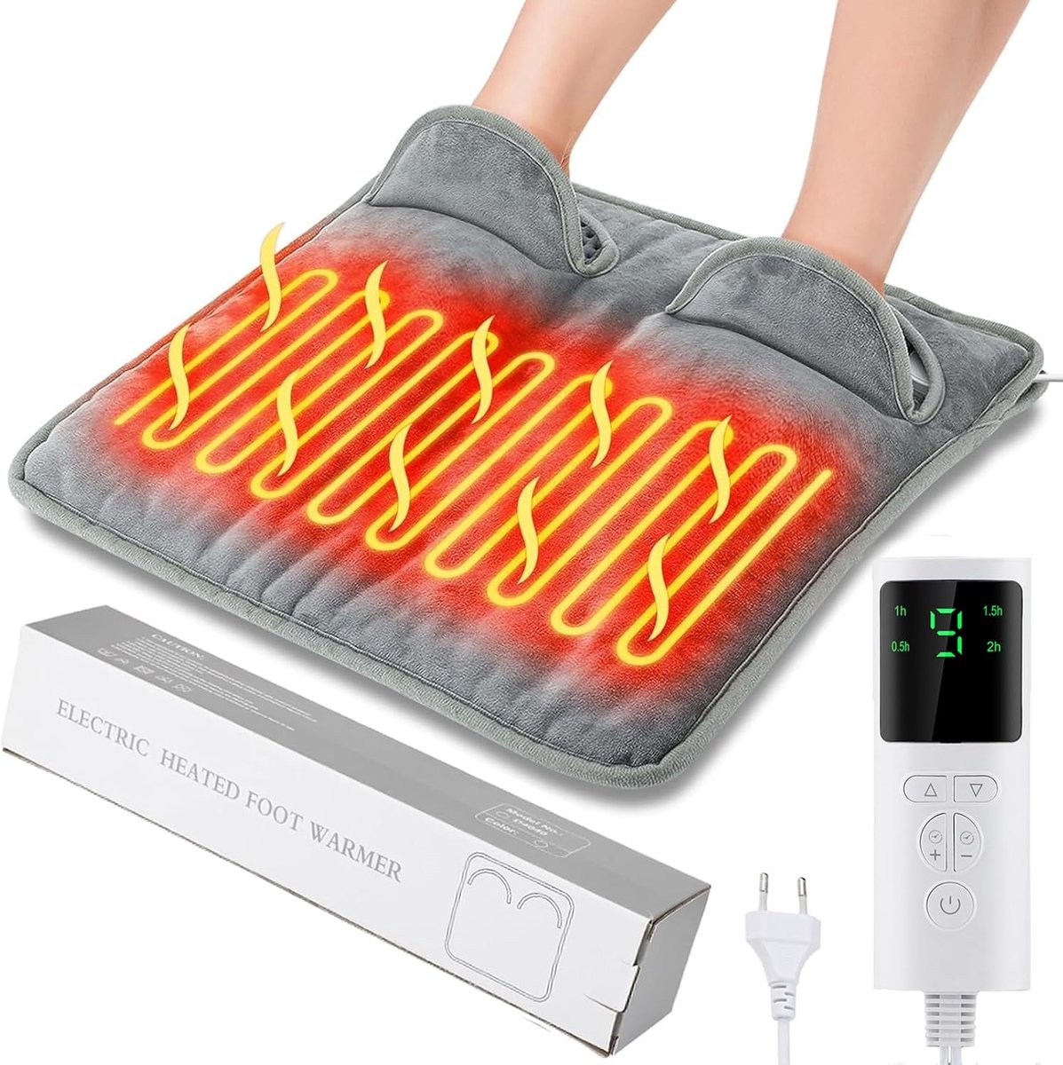 voetenwarmer- Elektrische voetenwarmer - Verwarmde voetenwarmer - met 9 temperatuurstanden en 4 timers - automatische uitschakeling - wasbaar - Voetverwarmingskussen - Elektrisch verwarmingskussen voor bed - Onder bureau - Kantoor (Grijs - 40*40 cm)