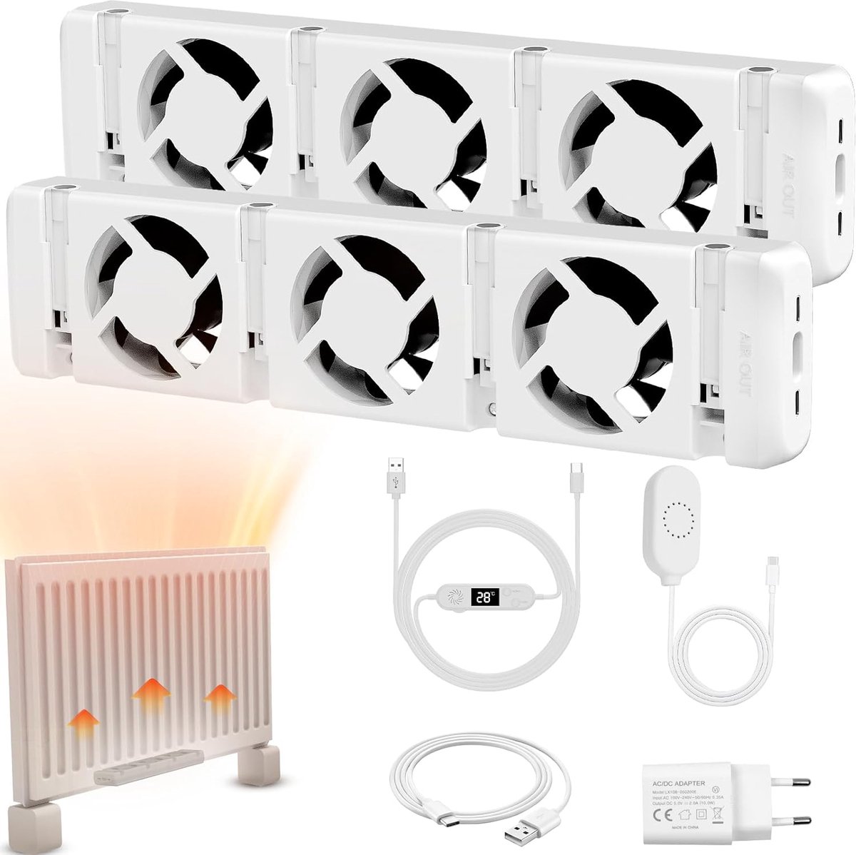 WARMFAY Radiator Ventilator 3.0 Duo Set - Slimme versterker met thermostaat, instelbare snelheid - Energiezuinig & fluisterstil