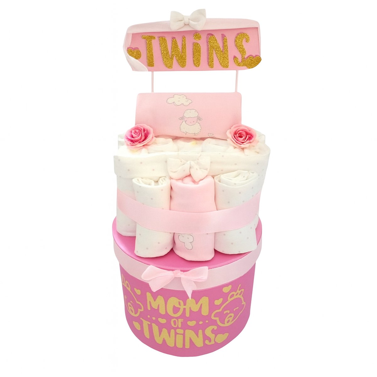 Luiertaart Twins – Mom of Twins Roze Geschenkdoos