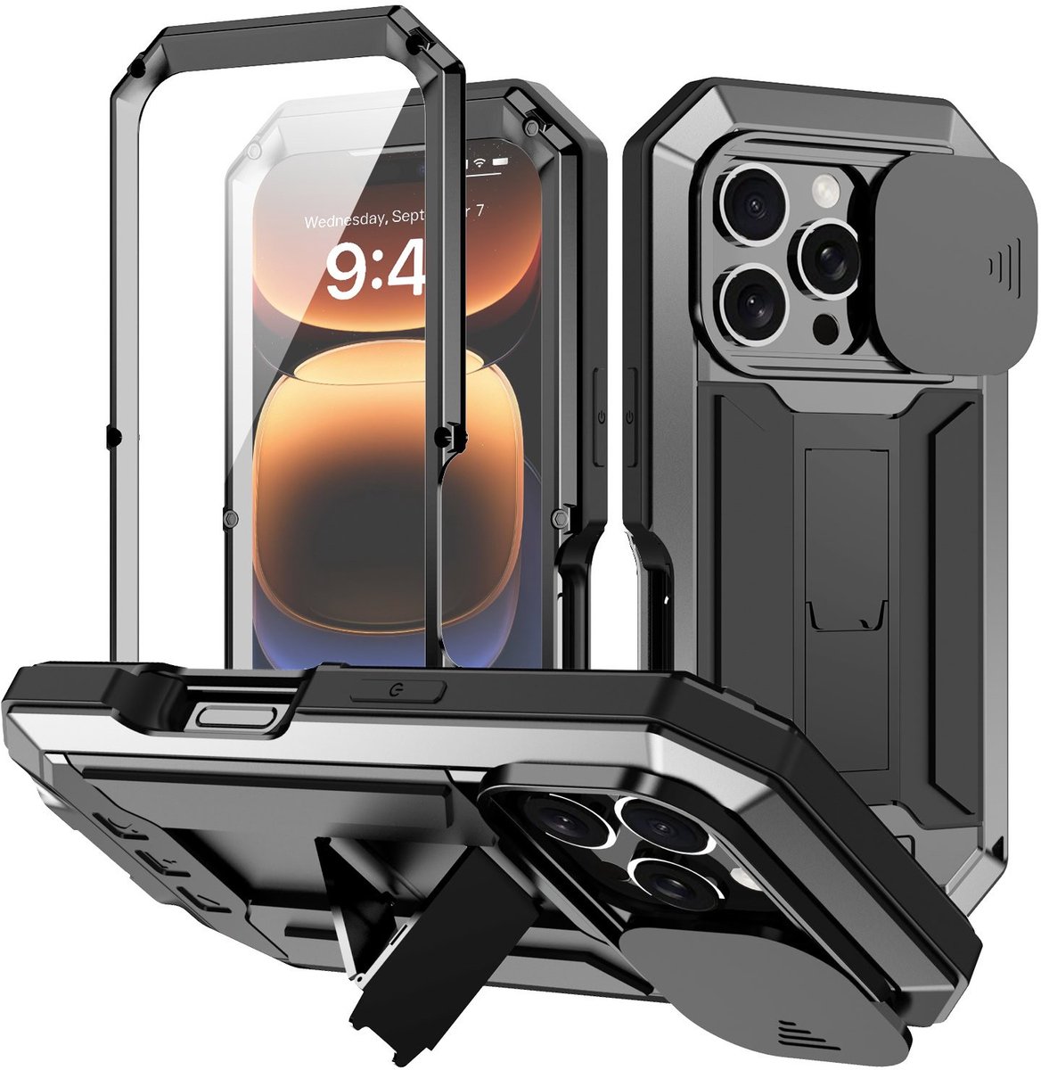 Fonu stofdicht metalen hoes geschikt voor iPhone 16 Pro Max - Zwart