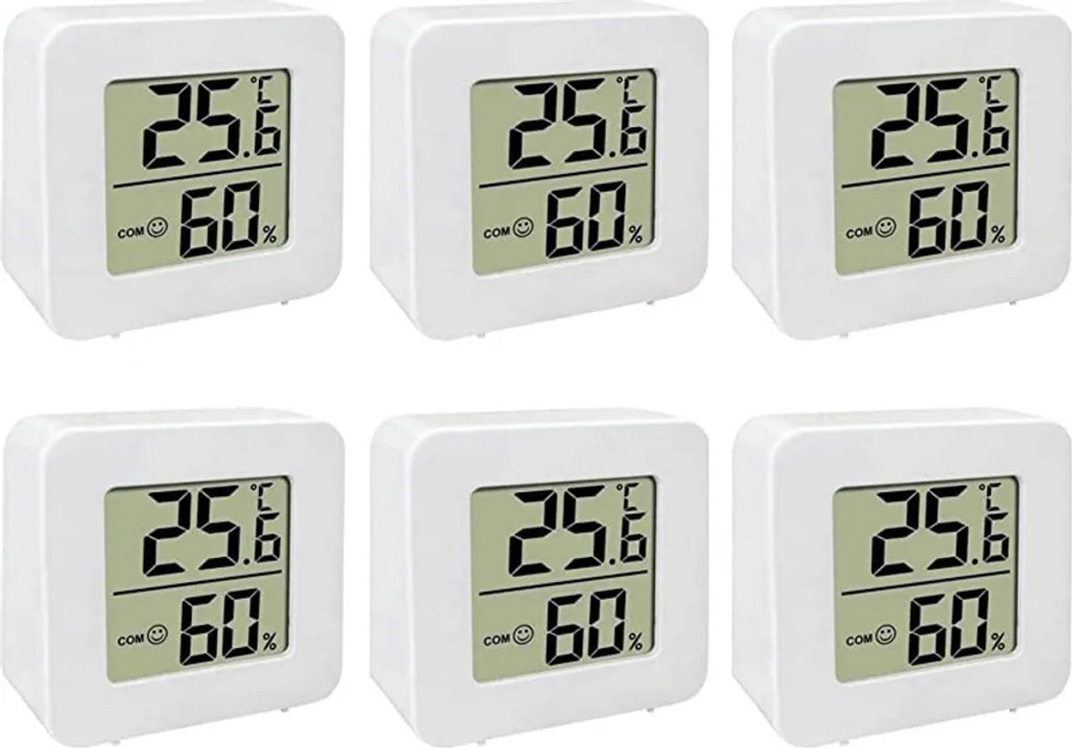 6-delige mini digitale thermometer-hygrometerset met LCD-display, geschikt voor gebruik binnenshuis, voorzien van een standaard en zelfklevende achterkant op de voet.