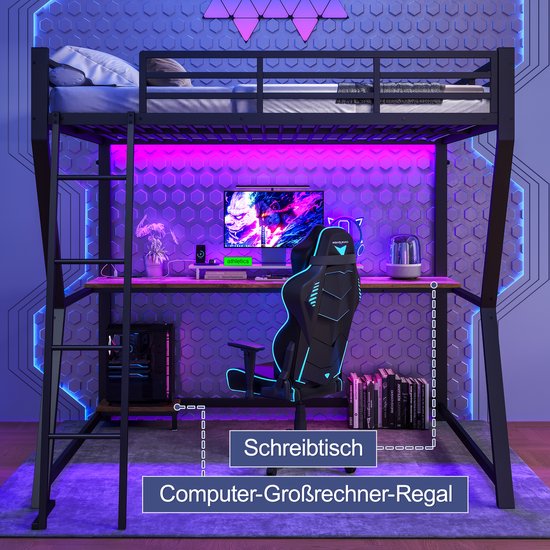 Lit mezzanine 140x200cm - avec éclairage LED- support console ordinateur - bureau - connexion USB - sans matelas - noir