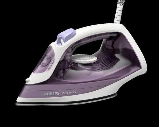 Wit en paars Philips 2000 Series strijkijzer met transparant paars waterreservoir.