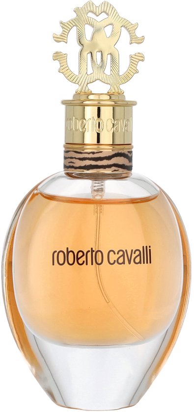 Ronde fles Roberto Cavalli Eau de Parfum met gouden dop en tijgerprint detail.