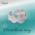 Verstelbare zilverkleurige ring met gedraaide cirkelmotieven.
